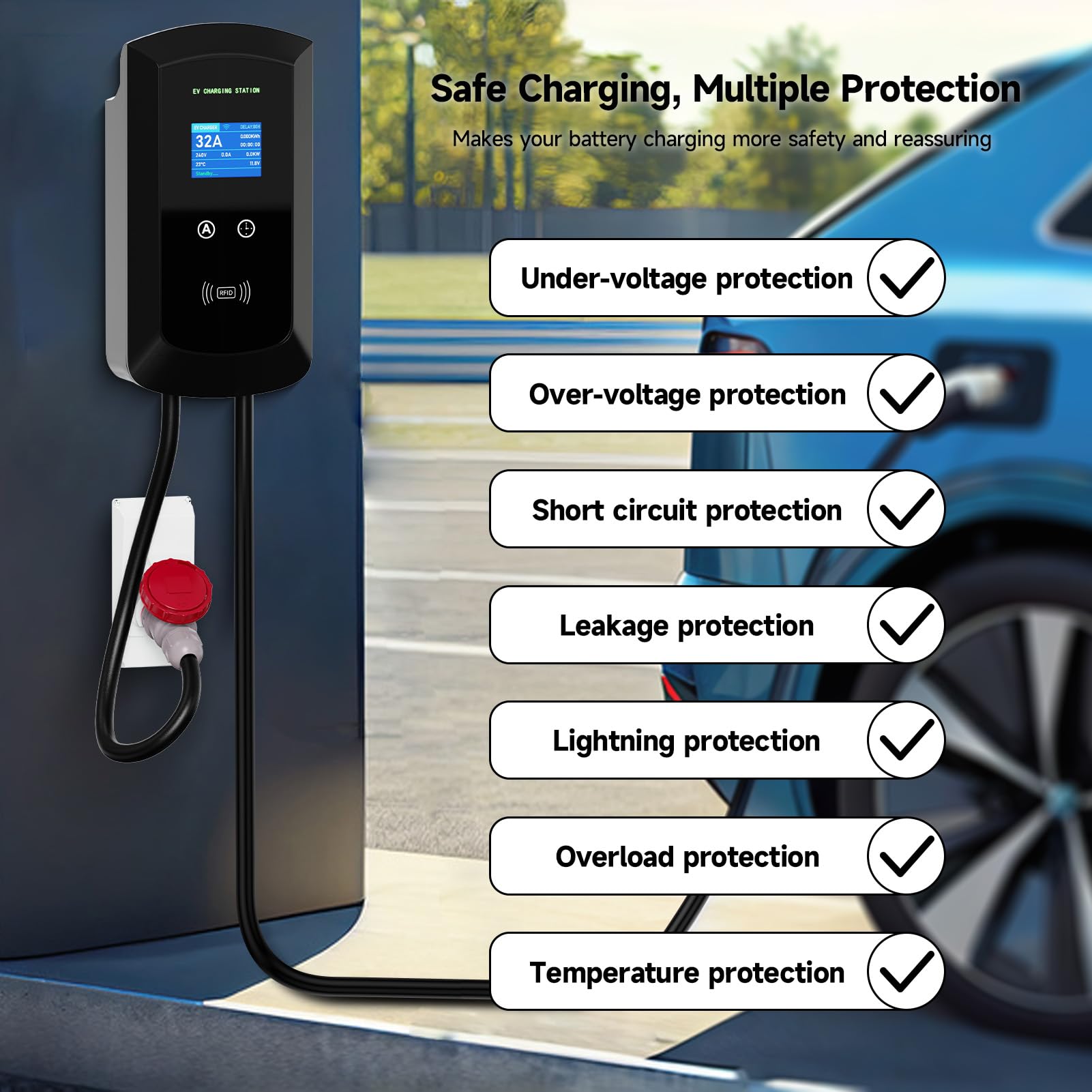 Ładowarka EV Smart App z 8-32A typ 2 22 kW, kabel do ładowania 5 m z uchwytem na ładowarkę, sterowanie aplikacją CEE 3-fazowa wtyczka do wszystkich pojazdów elektrycznych i PHEV