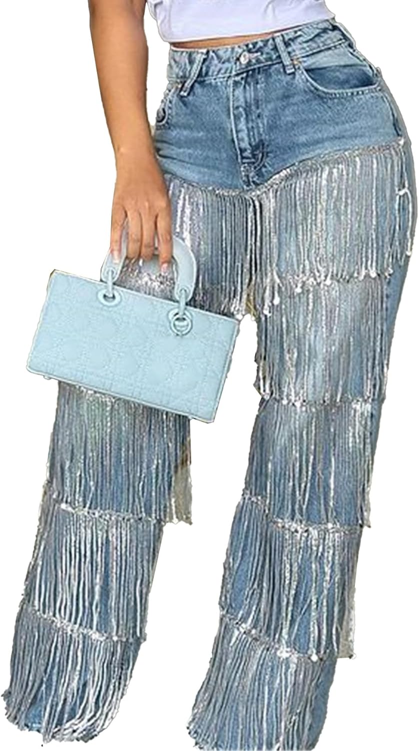 Famnbro Womens Sequin Tassels Jeans Baggy Y2K High Waisted Straight Wide Leg Fringe Raw Hem Denim Pants