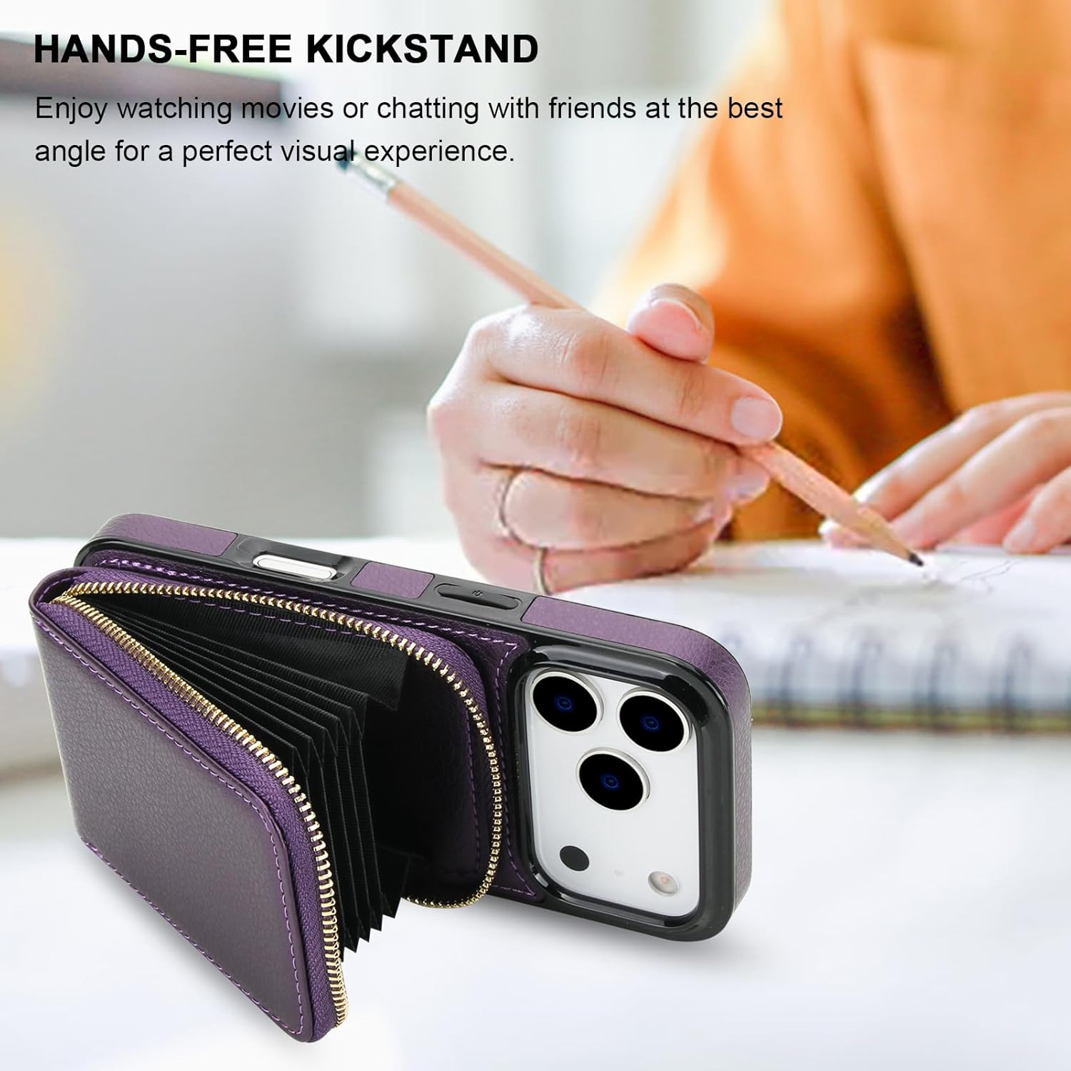 KIHUWEY Crossbody Wallet Case for iPhone 17 Pro, Zipper Pocket Case with Card Holder, PU Leather RFID Blocking Protective Cover Case with Kickstand Detachable Wrist Strap Lanyard 6.3" (Purple)
