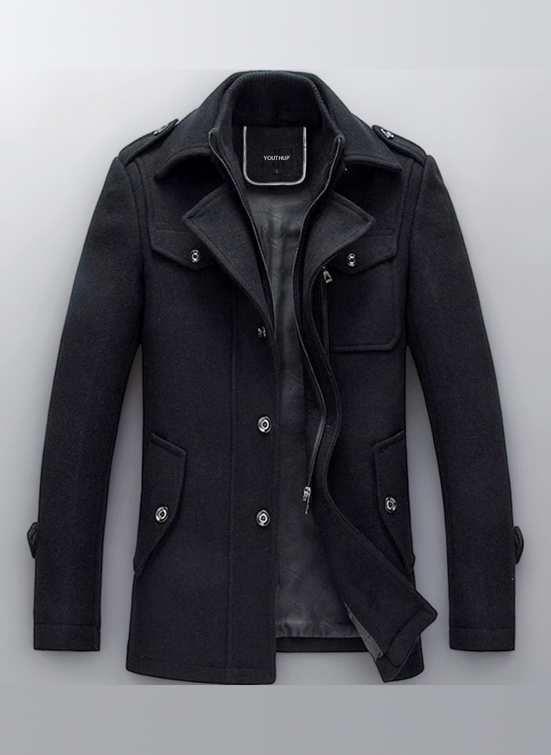 Mens Wool Coats Casual Thick Short Winter Trench Coat Regular Fit Peacoat with Detachable Inner Collar