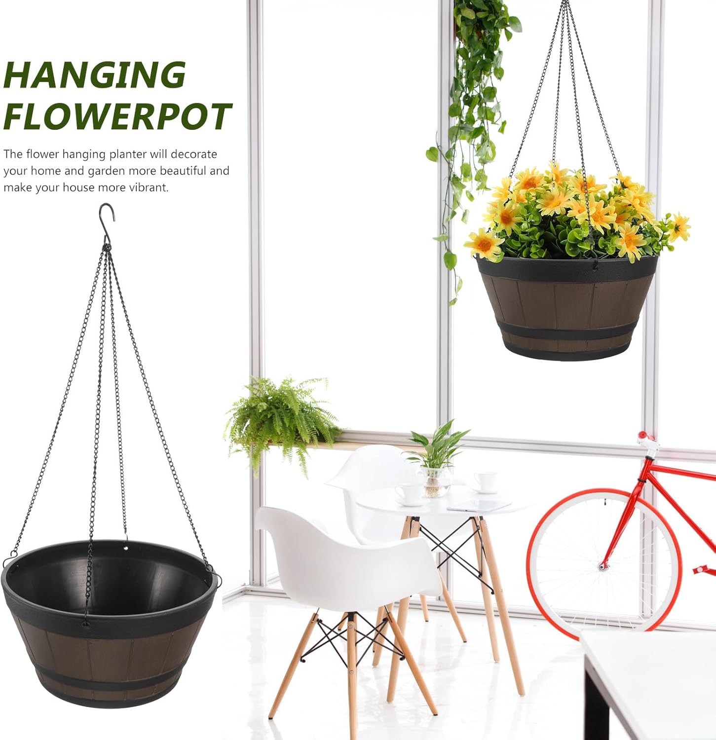 12-inch Resin Hanging Flower Pot Basket with Hook Indoor Outdoor Hanging Planter for Spider Plants Thickened Wood-Style Plastic Garden Pot for Balcony and Patio