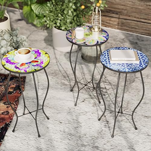 Miniatura 7 de Mesa auxiliar de patio, mesa de mosaico al aire libre, mesa auxiliar de plantas, pequeño porche, mariposa colorida para interiores, balcón redondo