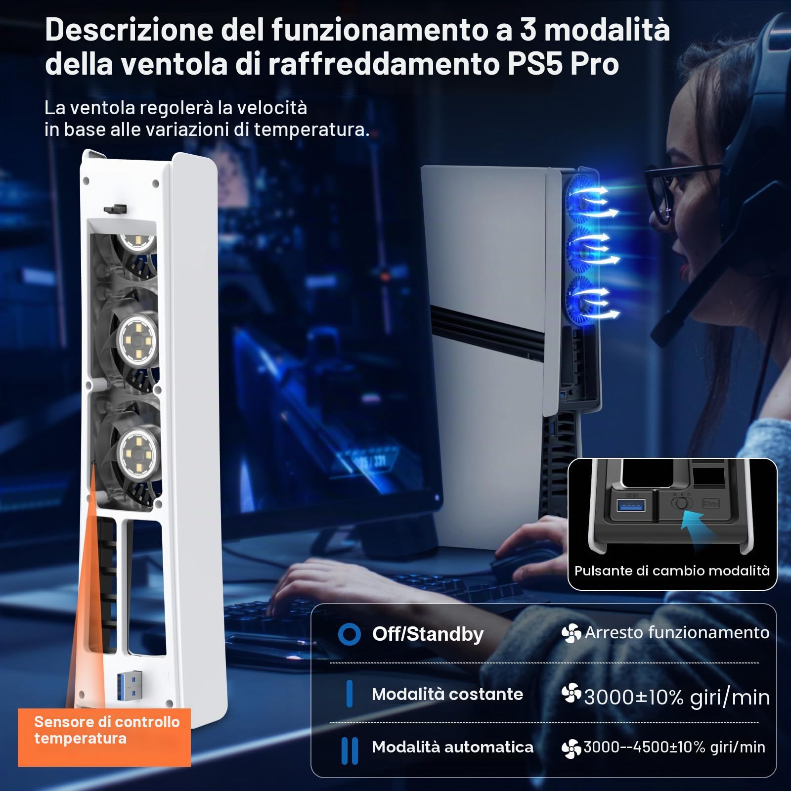 Ventola di raffreddamento per PS5 Pro, accessorio per ventola di raffreddamento silenziosa per PS5 Pro versione digitale e CD con luce LED, velocità regolabile e accensione/spegnimento automatico