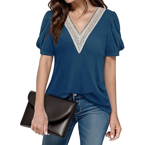 Womens Puff Sleeve Tops Summer Lace V Neck Short Top Trendy Casual Basic Blouses