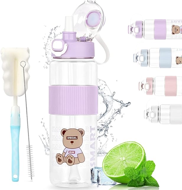 AOHAN 1 Litre Water Bottle, Leak Proof Drinks Bottle with Bottle Brush, Sports Water Bottle with Straw, Cute Clear Water Bottle for School Gym Office and Sports