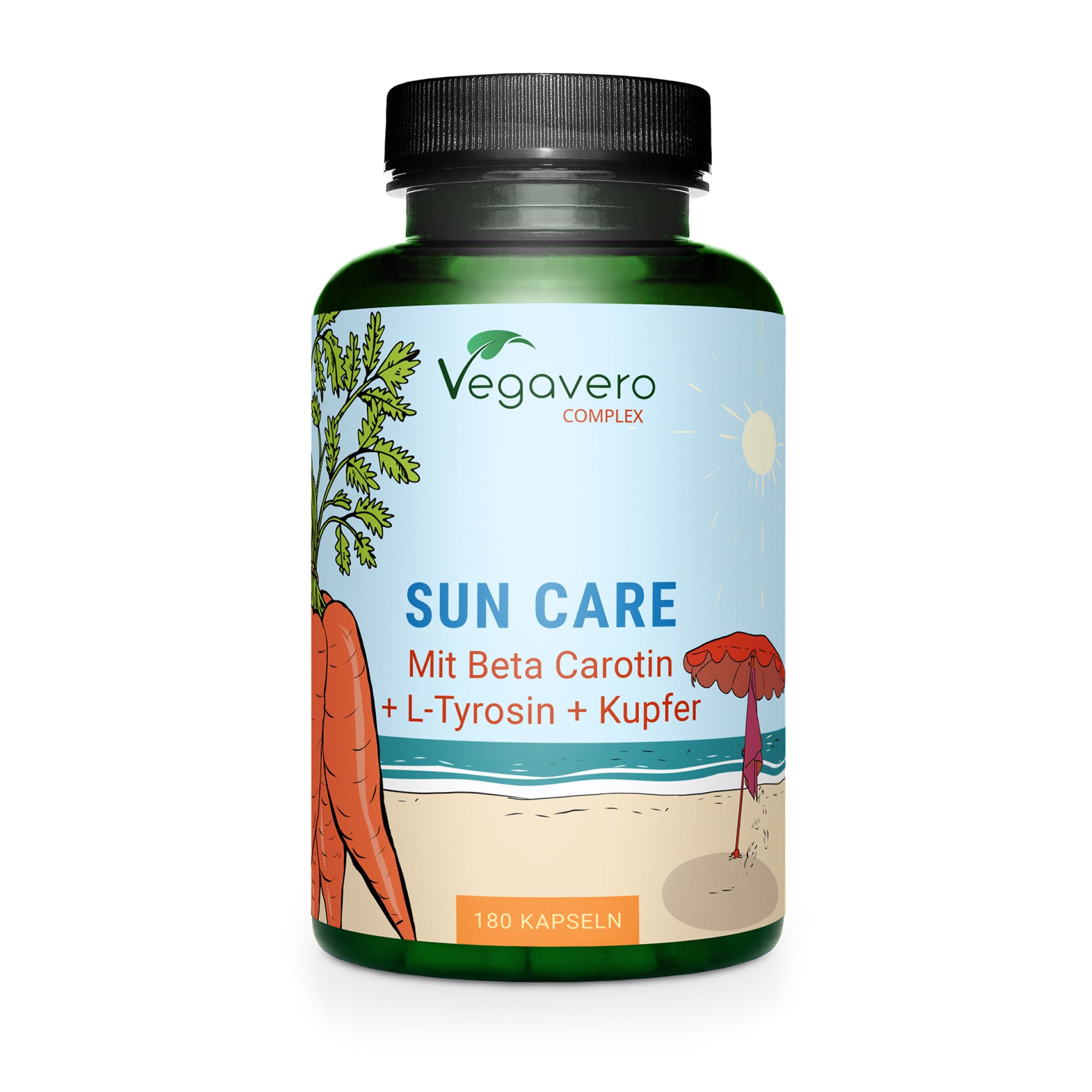 Sun Care Komplex Vegavero | 180 Kapseln | Bräunungskapseln | Beta Carotin, Vitamin E, Olivenblattextrakt, Tyrosin, Lycopin, Zink, Kupfer | Vegan & Ohne Zusätze
