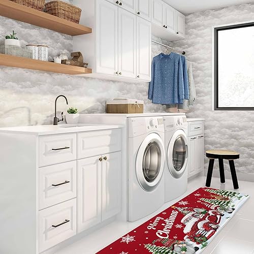 Miniatura 4 de Tapetes de cocina de gnomo de Navidad para piso, 2 piezas, camión rojo con árbol de Navidad, regalos de alce, antideslizantes, juego de alfombras de