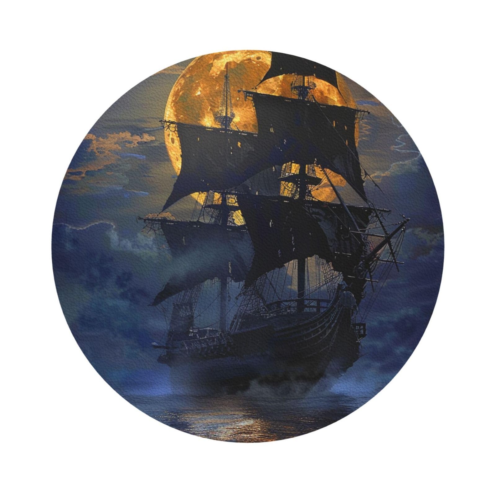 Pirate sailboat full moon Print Leather Coaster Set of 6, Round Shape Coasters Table Decorative Coffee Cup Beverage Coasters Wine Beer Bar Coasters for Hot Drinks Table Protection