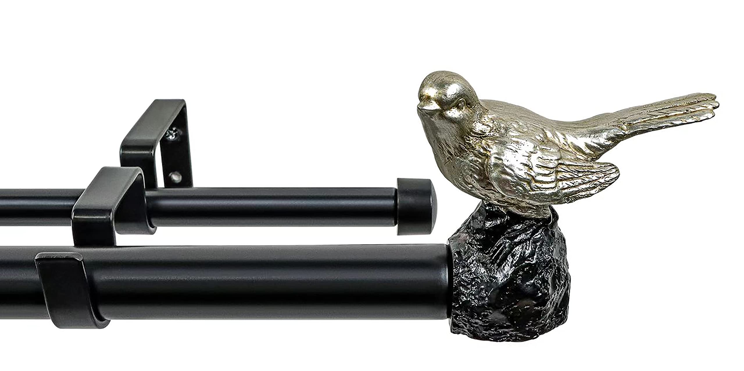 MERIVILLE 1-Inch Diameter Telescoping Double Window Curtain Rod, Pewter Bird Finials, (48"-84", Black Rod)