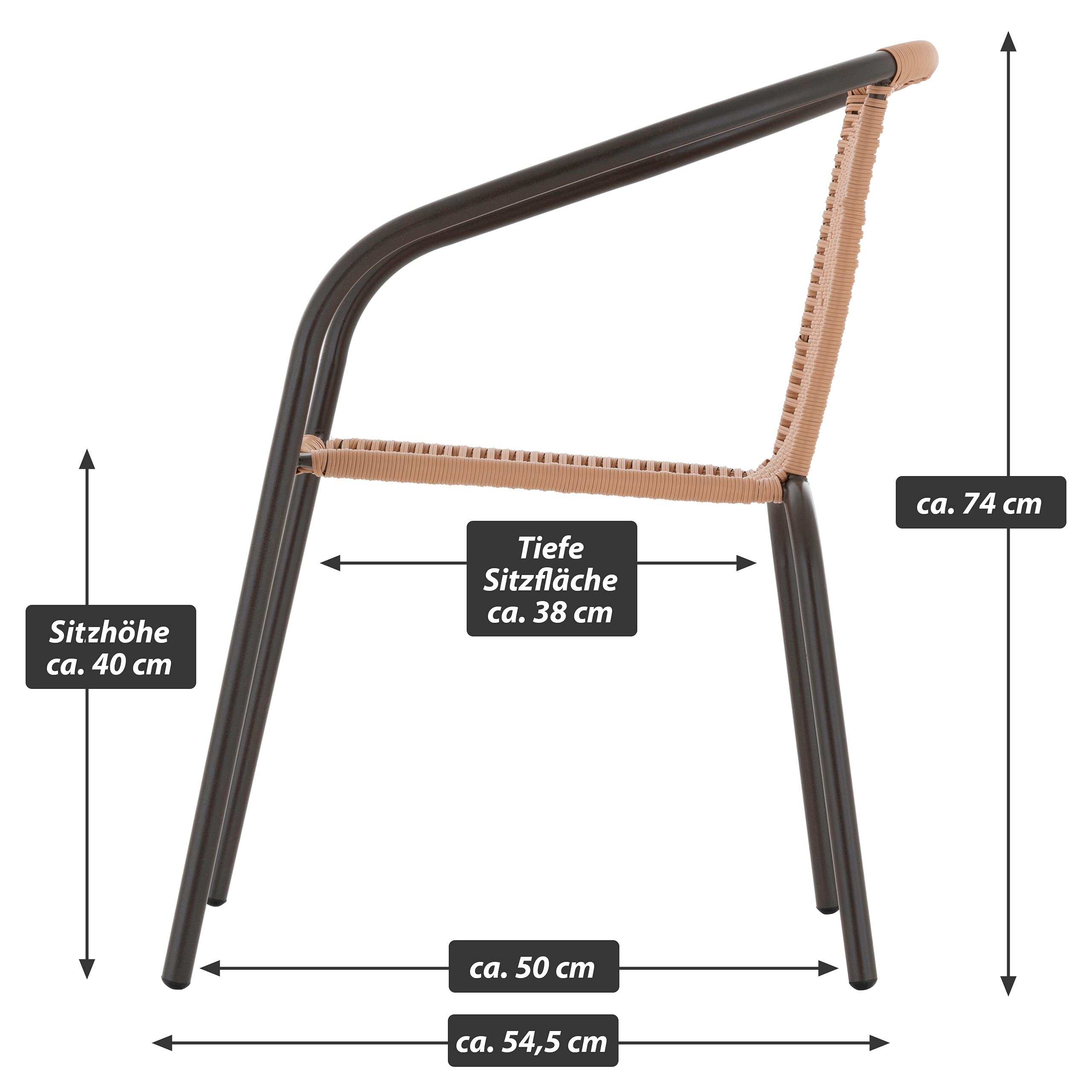 Nexos Trading 4er Set Bistrostuhl Stapelstuhl Balkonstuhl Rattanstuhl Terrassenstuhl – Poly-Rattan Stahlgestell –pflegeleicht robust stapelbar – Farbe Hellbraun