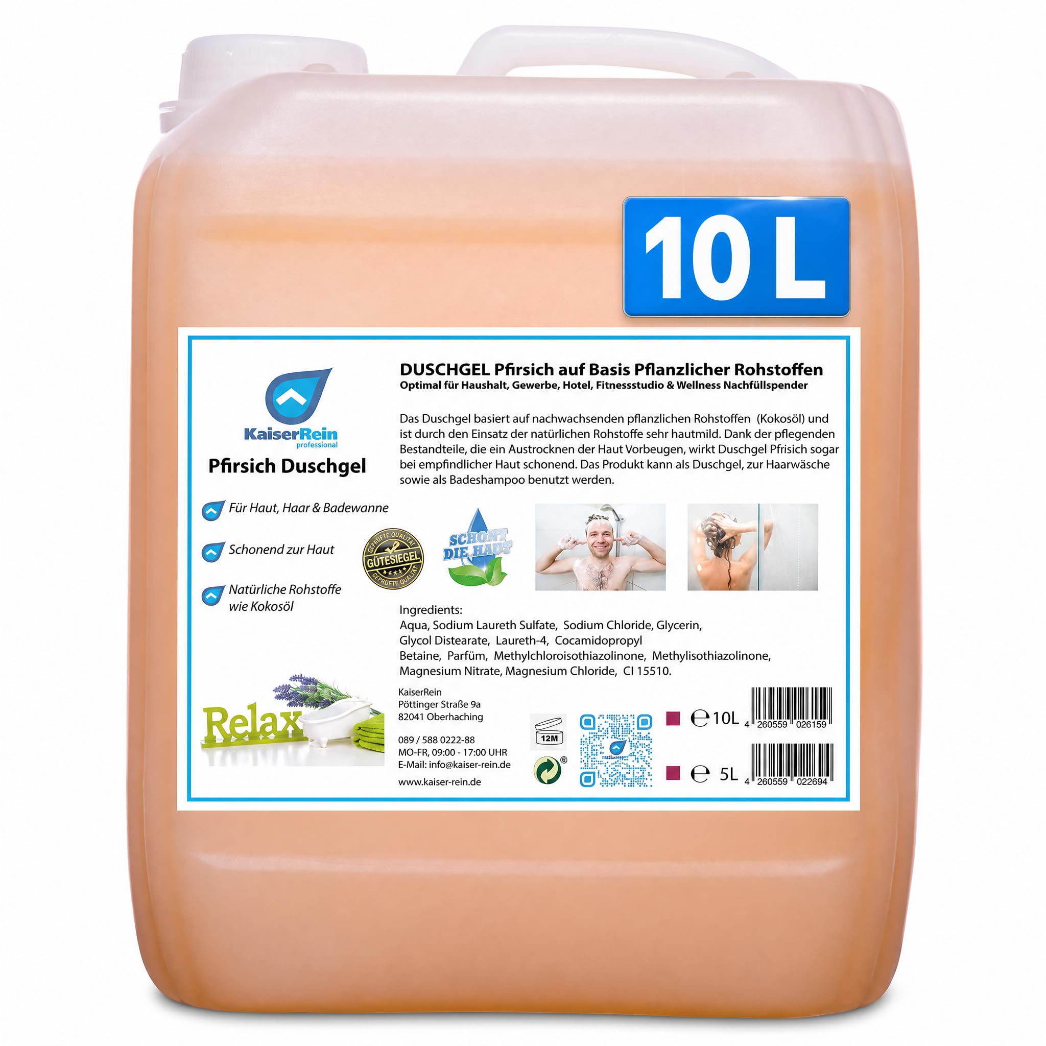 KaiserRein Duschgel Pfirsich, 10 L Kanister – 3-in-1 für Körper, Haare & Bad, Großpackung/Nachfüllpack für Duschgelspender, pH-neutral, vegan, mikroplastikfrei, paraben- & EDTA-frei