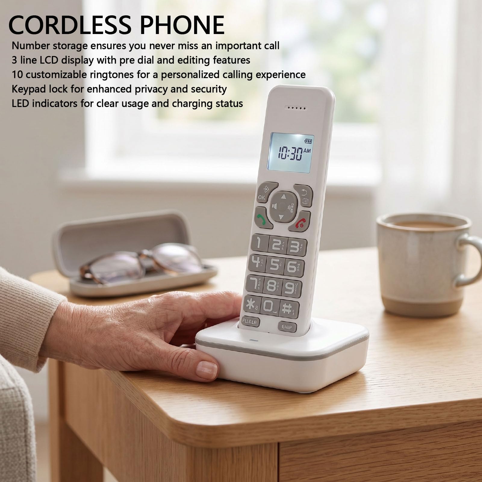 Bewinner Telefono Fisso Cordless con Pulsanti Grandi, Display LCD, Blocco Chiamate, 10 Suonerie, Vivavoce, di Cornetta Espandibile per Casa, Ufficio, Anziani e Aziende (Spina europea)