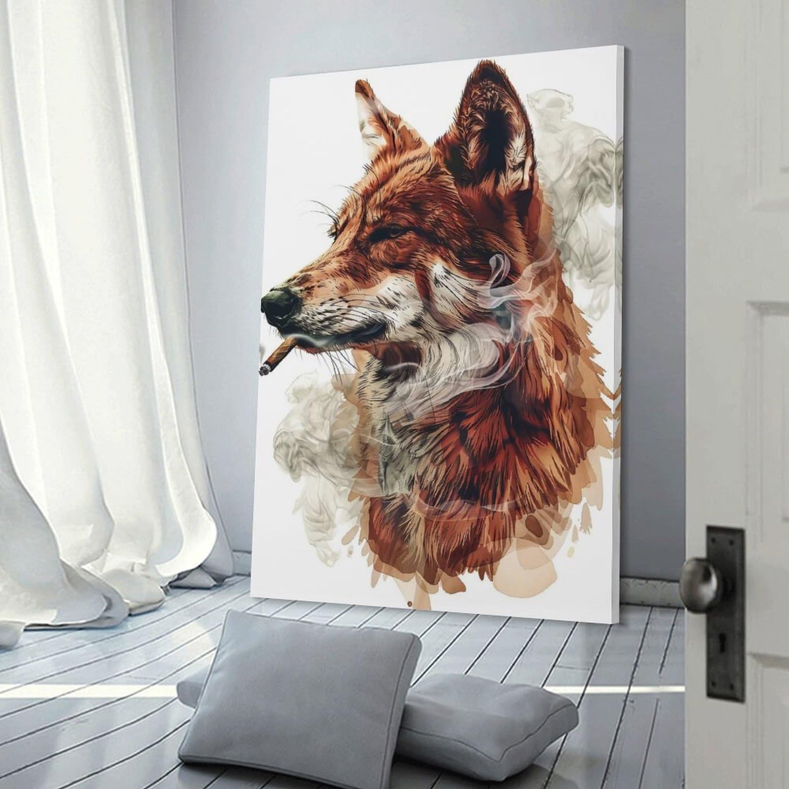 Junmoney Smoking Fox Illustration Canvas Wall Decor, 08x12inch(20x30cm), for Gallery Wall Decor And Room Displays, Wall Decor Suited to Curated Displays