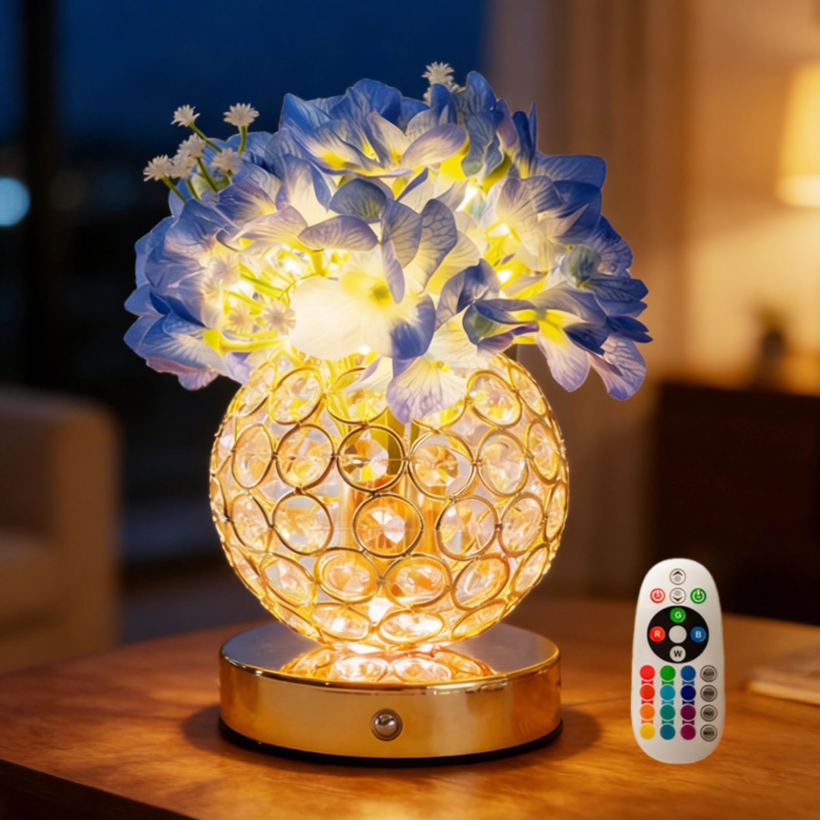 AVEKI Crystal Table Lamp, 16 Color Touch Hydrangea Vase Light with Remote Control, Dimmable Artificial Flowers Desk Lamp Decor for Date Party Home, Romantic Gift for Woman Mom (Hydrangea-Blue)