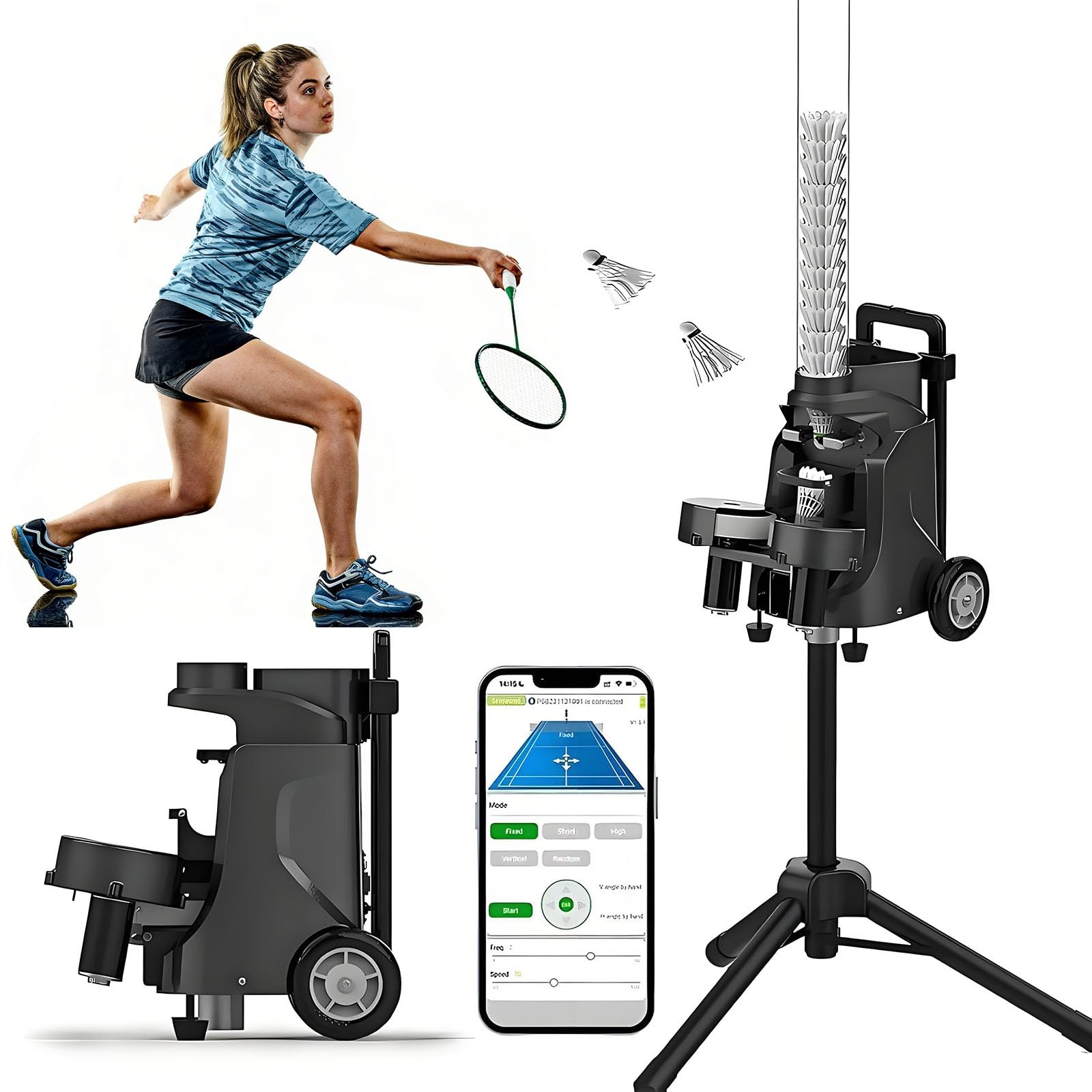 Máquina automática de entrenamiento de bádminton, lanzador de volantes con batería de 4 a 8 horas, control remoto por aplicación para ejercicios de precisión y mejora de habilidades