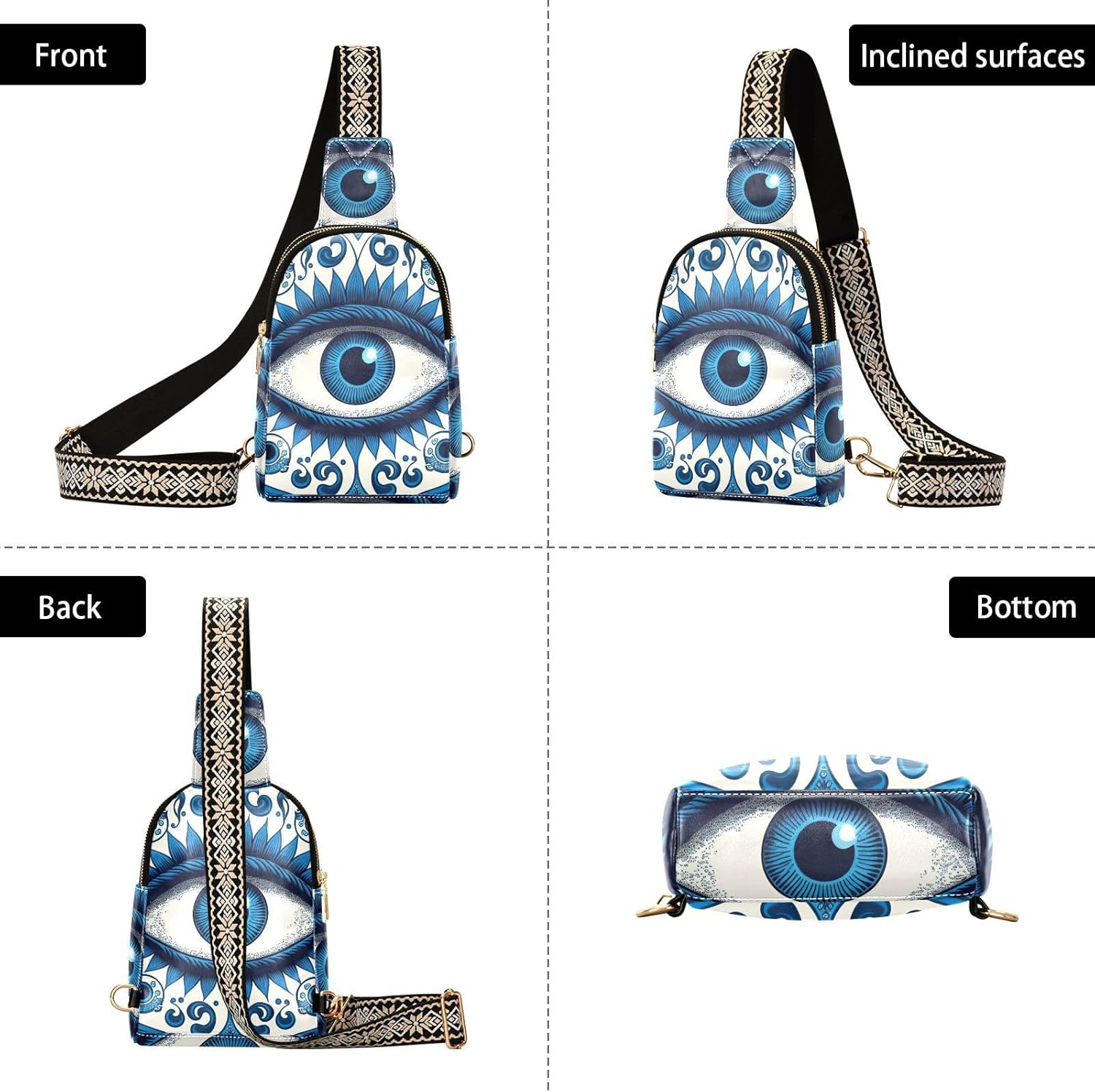 Women’s Sling Bag Blue Evil Eye Print with Adjustable Strap Zipper Closure, PU Leather Water Resistant Crossbody Bag Purse Chest Bag