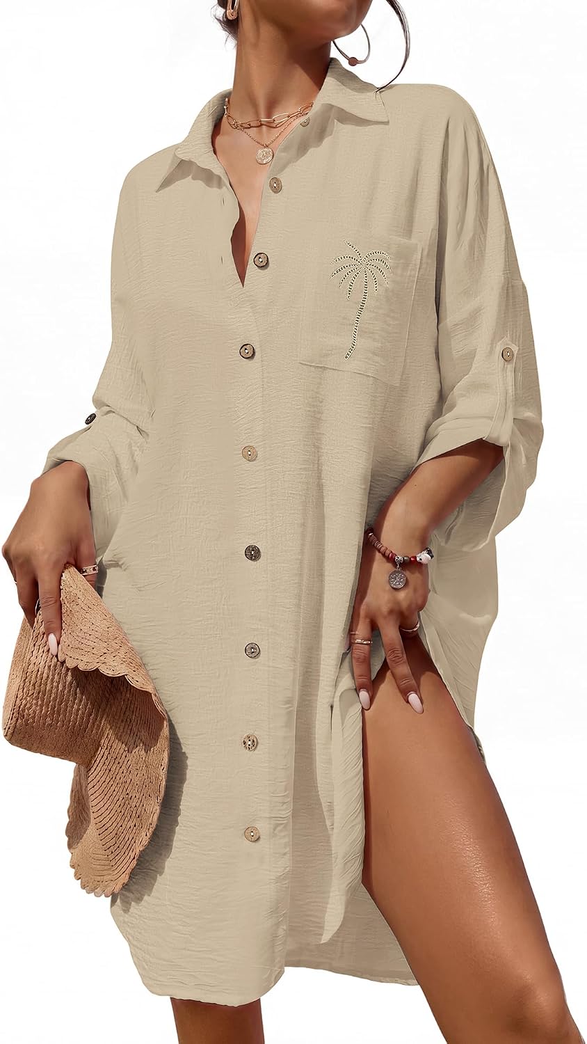 Bsubseach Swimsuit Coverup for Women Button Down Shirt Coverups for Bathing Suits Palm Embroidery Beach Dress