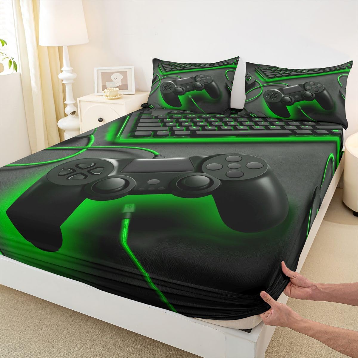 Castle Fairy Video Games Kids Full Size Fitted Sheet,Console Modern Game Controller Boys Girls Bed Sheets,Gaming Keyboard Trendy Room Decor,Black Green Bedding Set,2 Pillowcases(No Flat) image 3