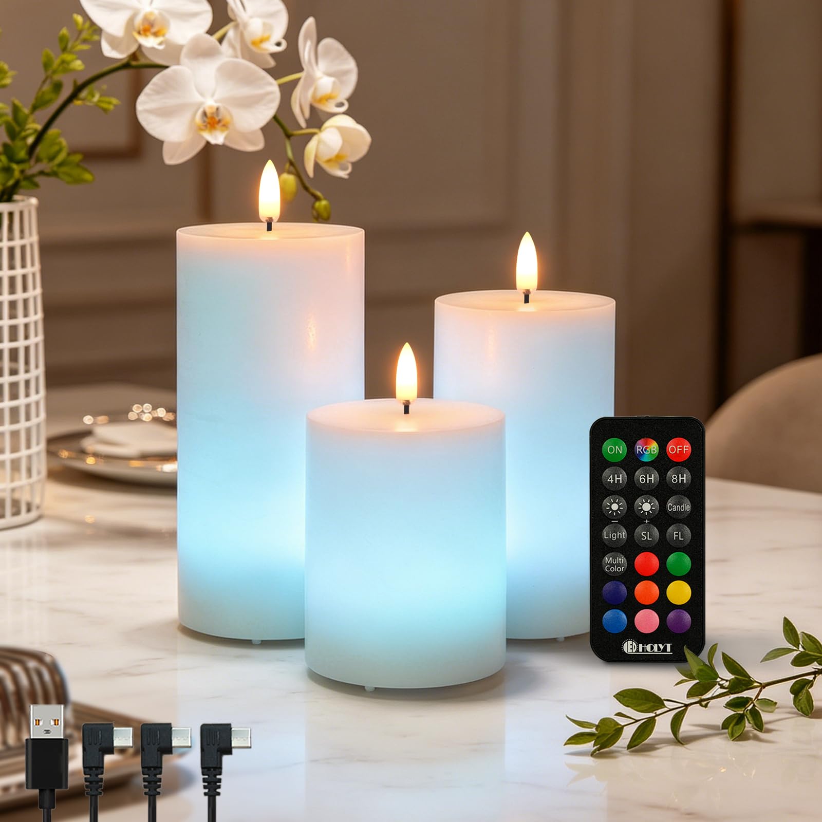 LEDHOLYT LED Flameless Candle, Outdoor Flickering Pillar Candle,Rechargeable IP44 Waterproof Electronic Candle with Remote Control and Timer,for Outside Lantern Festival Decor etc. Set of 3.