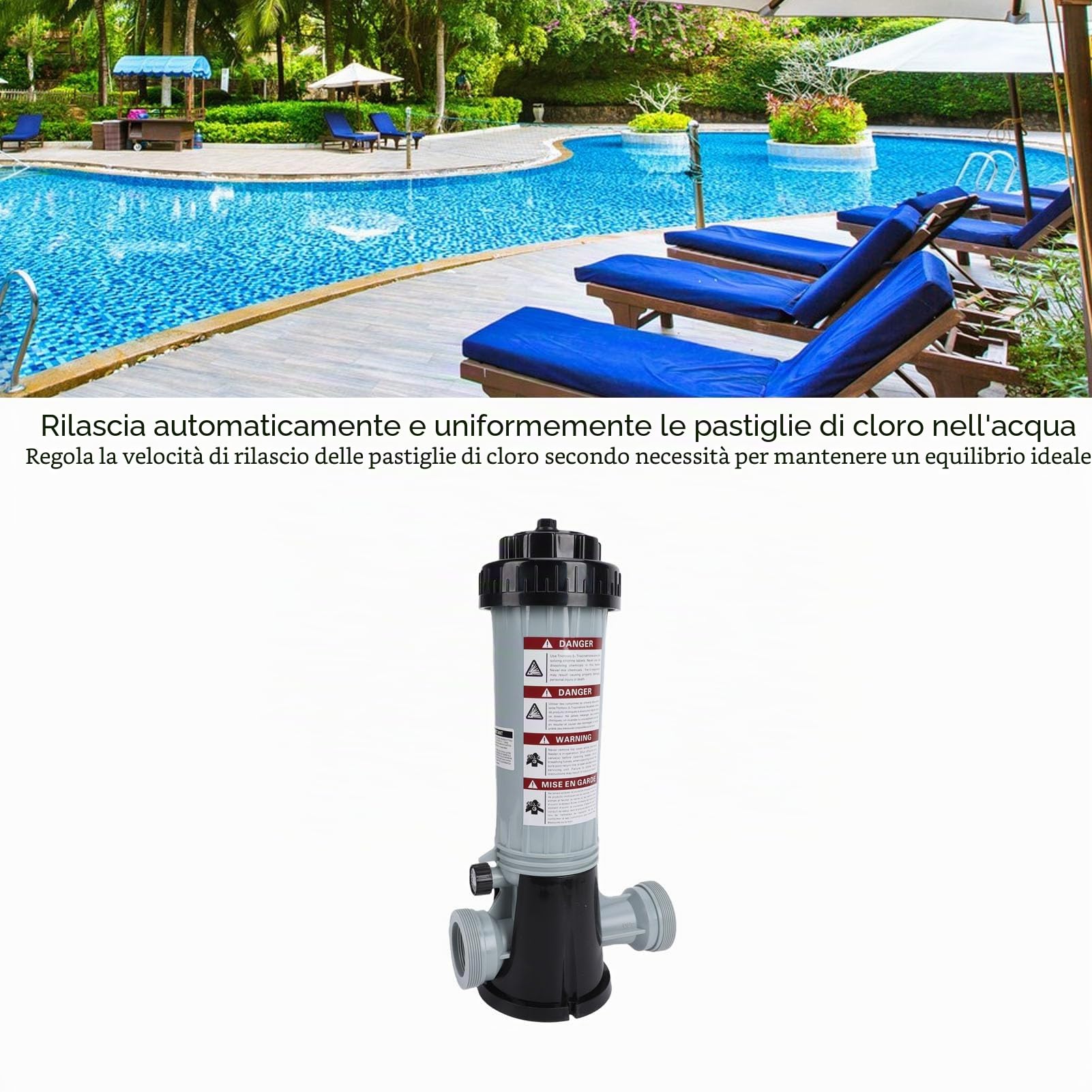 Dosatore Automatico di Cloro per Piscine, in Plastica, con Regolazione del Flusso, per Piscine Interne Ed Esterne, Vasche idromassaggio.