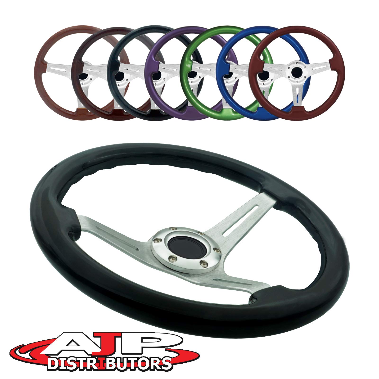 AJP Distributor Universal 345mm 6 Bolt Hole Deep Dish Streak Aluminum Wood Grain Trim Steering Wheel Blank Horn Button JDM Euro VIP Racing Track Drift Drag (Black Wood Trim Silver Center)