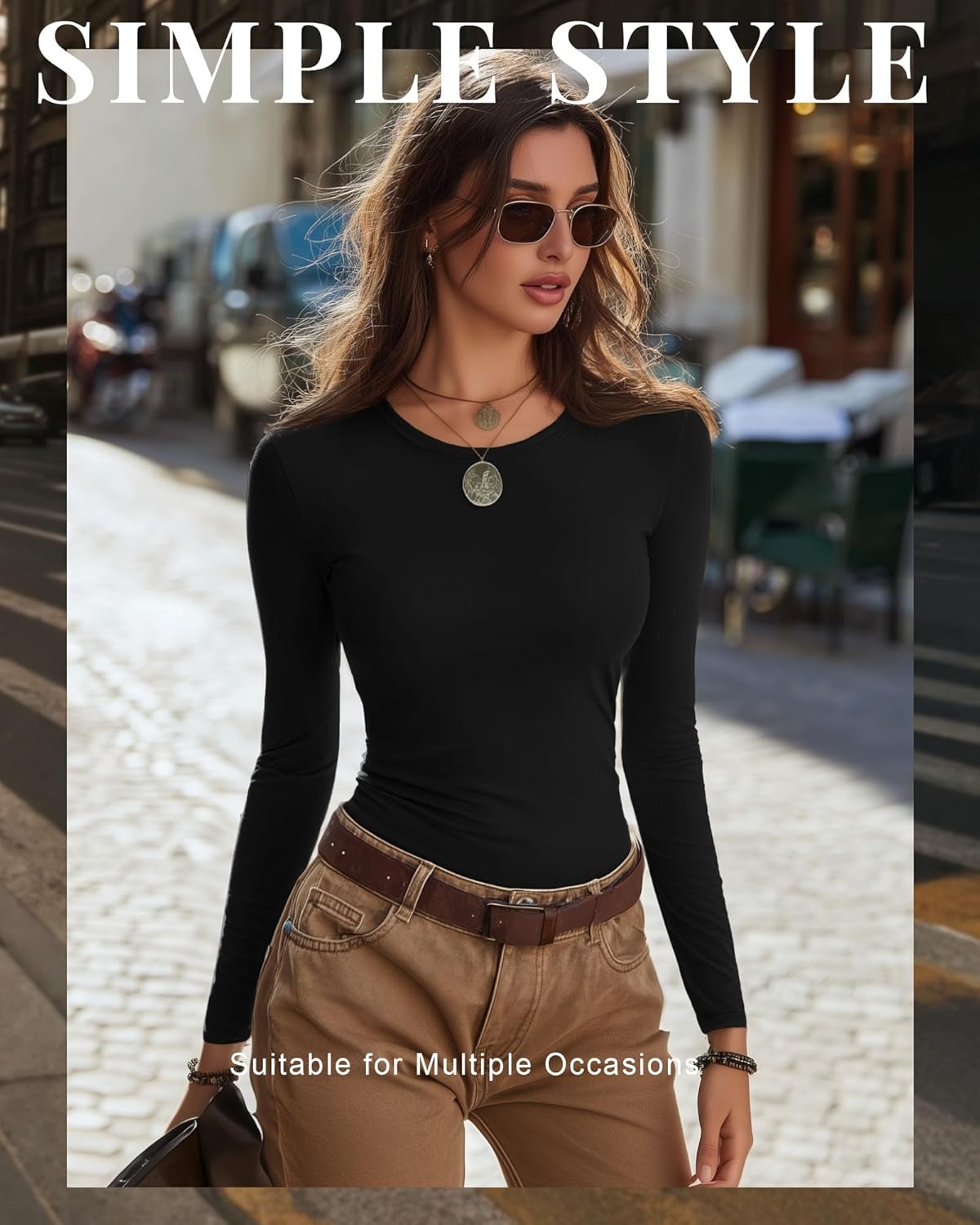 7 Pcs Women's Long Sleeve Tops Crew Neck Slim Fit Shirts Basic Going Out Tight Tees - Image 2