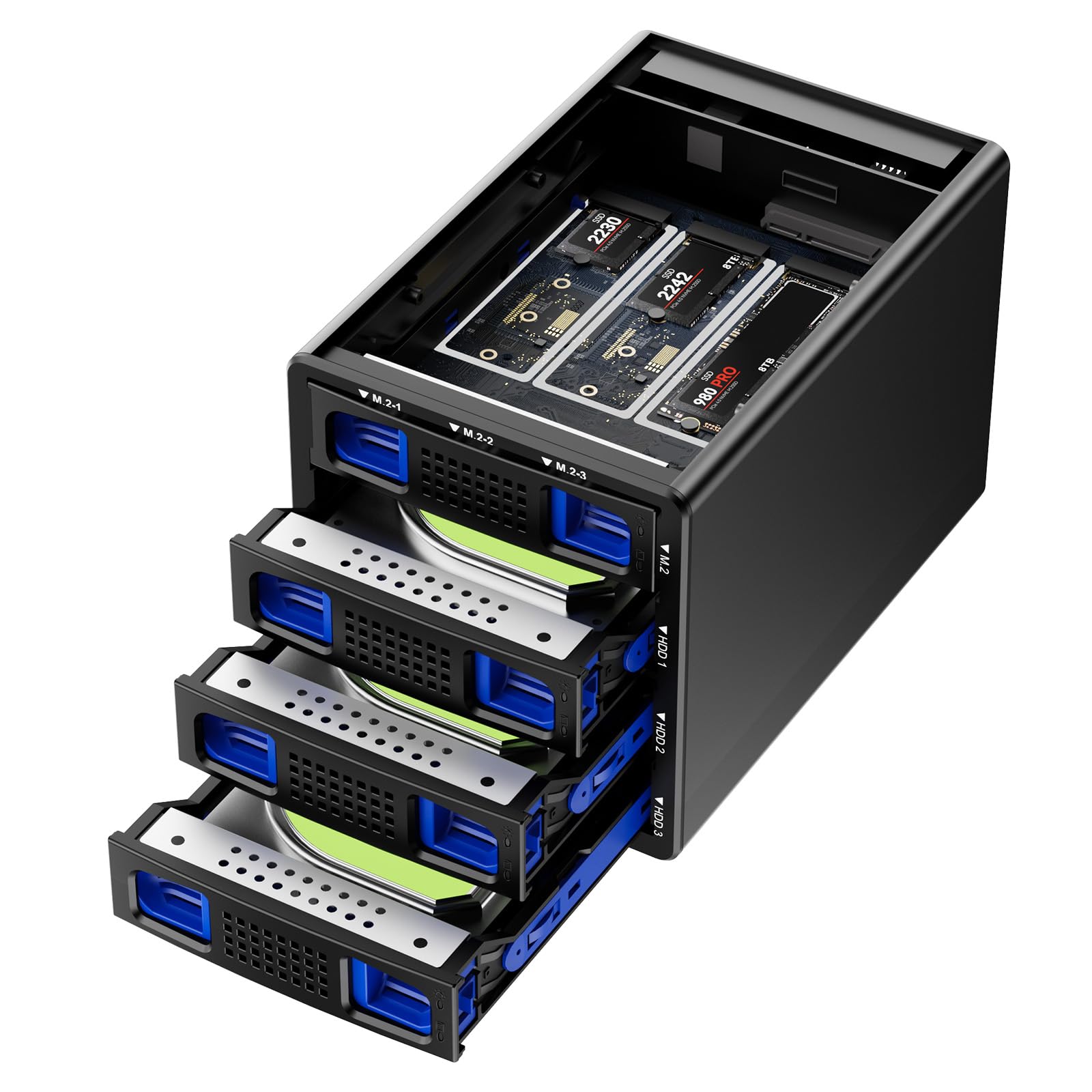 Photo 1 of Cenmate  3*2.5/3.5" SATA HDD/SSD+3* M / B+M Key M.2 NVMe Enclosure with Cooling Fan and USB A/C 3.2 Gen 2, Hard Drive Enclosure Support 90TB(3*22TB HDD+3*8TB 2230/2242/2260/2280/22110 SSDs)