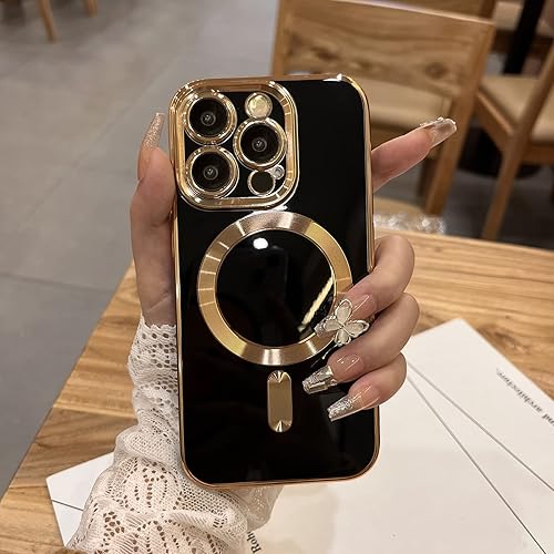 OOK Magnatic - Funda para iPhone 15 Pro Max compatible con MagSafe protector completo de lente de cámara con borde galvanizado dorado, TPU suave, a