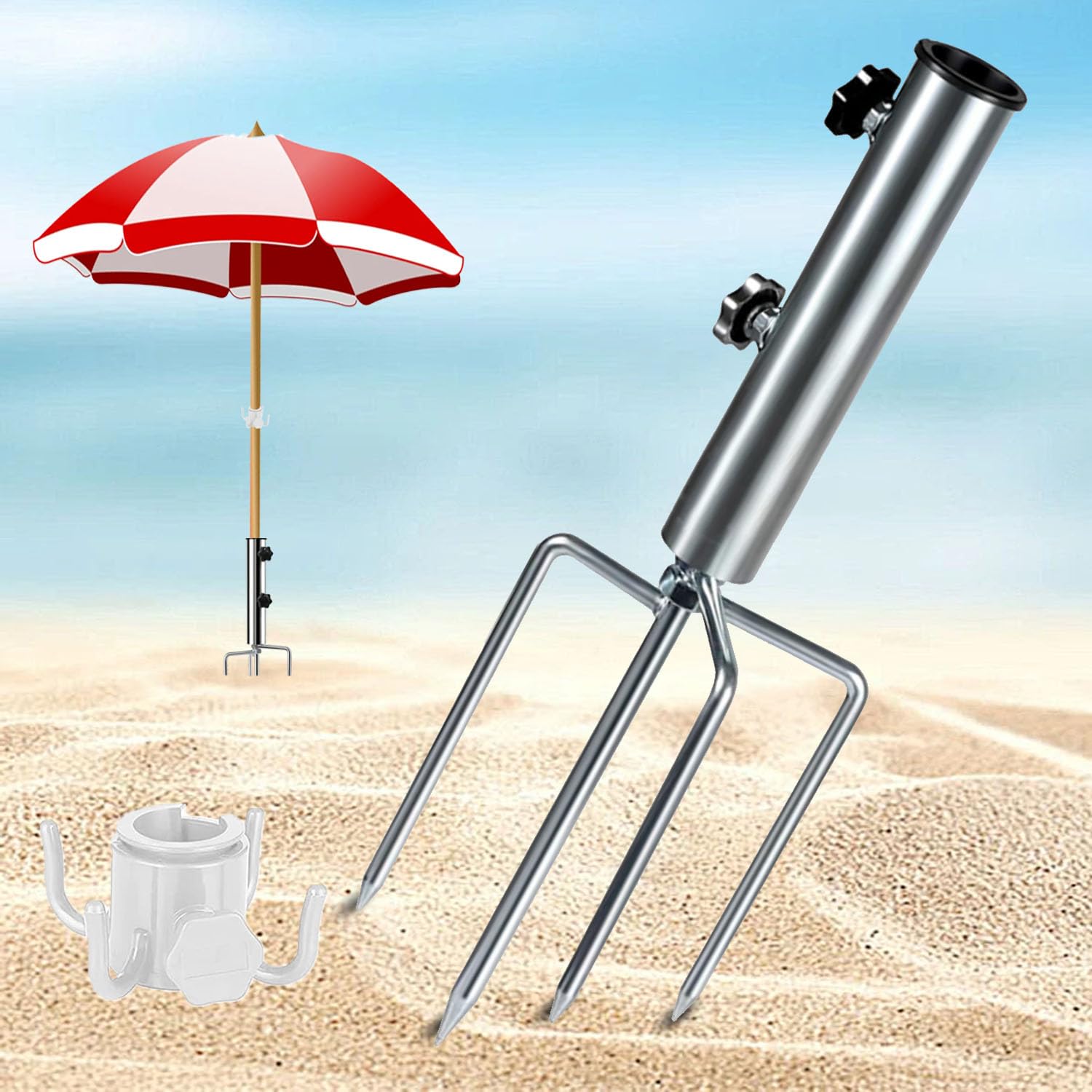 Picchetto per ombrellone in acciaio, Piedi per ombrellone Spiaggia, Regolabile Rimovibile Supporto per ombrellone, con 4 Picchetto Trivella per ombrellone da spiaggia per Prateria/ Sabbia /Pesca