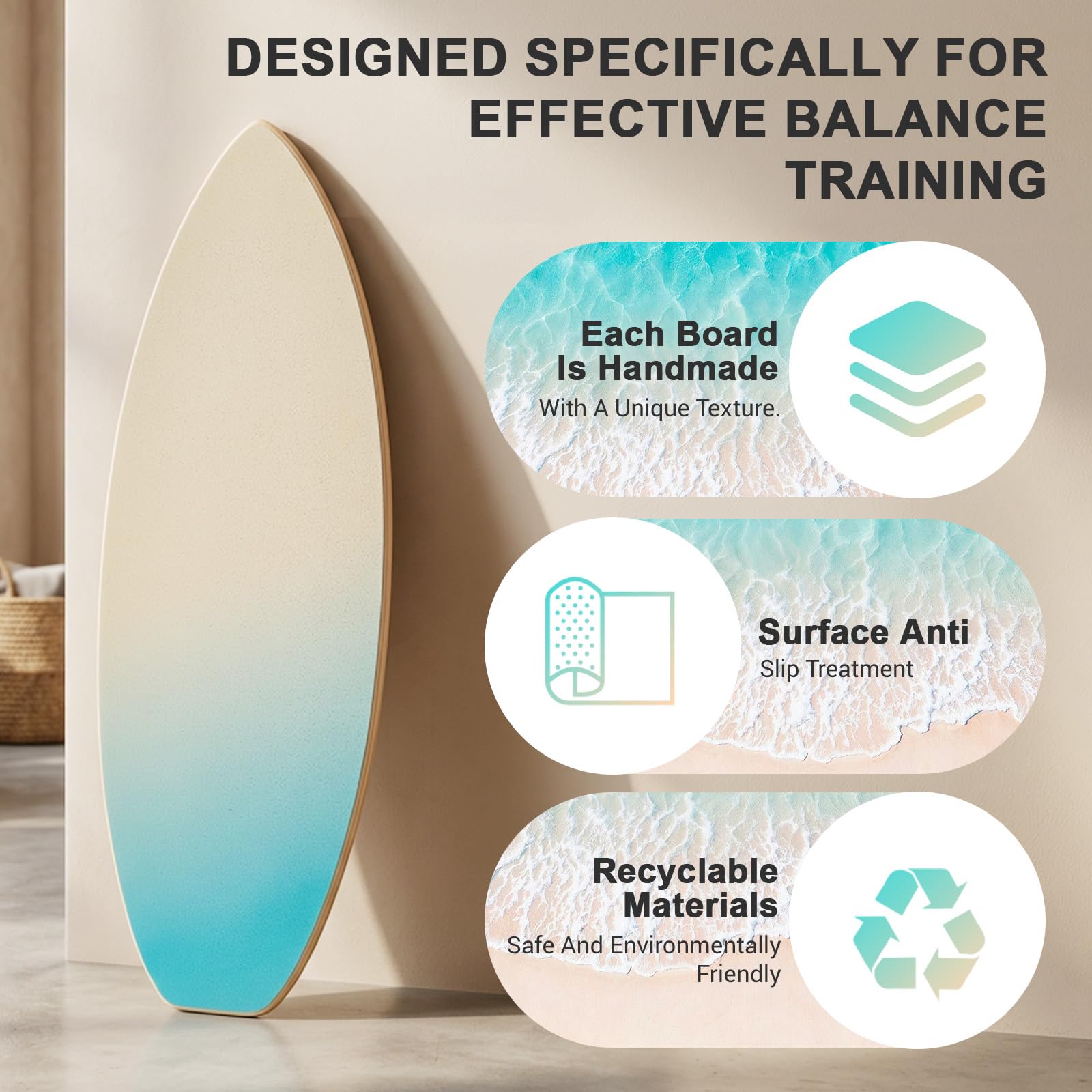 Surf Balance Board Set aus Holz, 3 in 1 Balanceboard mit Korkrolle, Halbkugel und Ball, Indoor Surfbrett für Erwachsene und Kinder, Fishtail Design mit Meeresblau Sandgelb Verlauf,180 kg belastbar