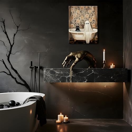Miniatura 8 de Lienzo decorativo de Halloween para baño, fantasmas de terror y lindo gato negro en la bañera, pinturas góticas oscuras de academia impresiones para
