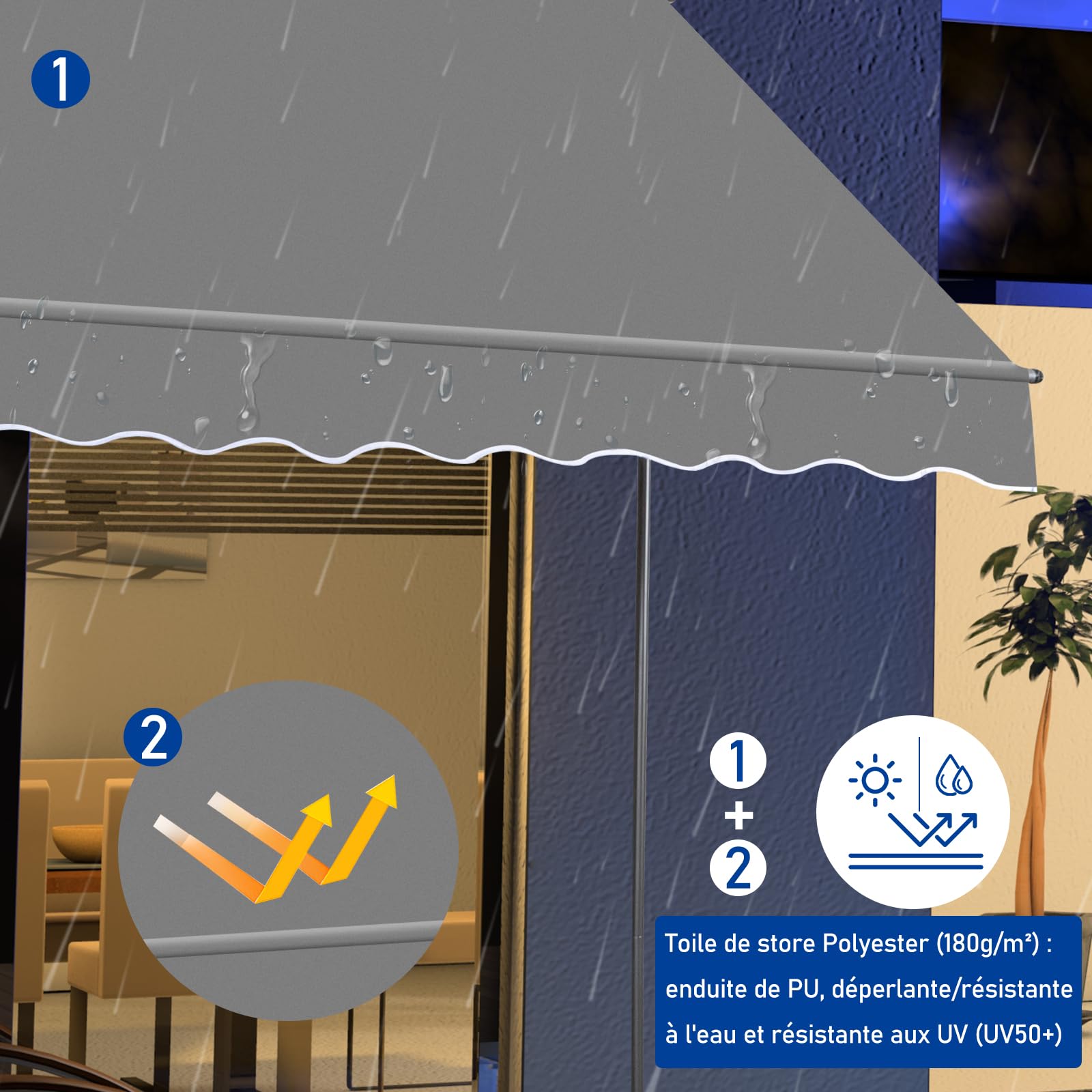 LEADZM Store Banne Manuel Rétractable,300 x 150 cm Auvent,Banne sans Perçage,Imperméable Résistant aux UV 50+ avec Manivelle Ergonomique,Hauteur Réglable,pour Terrasse,Jardin,Magasin,Gris