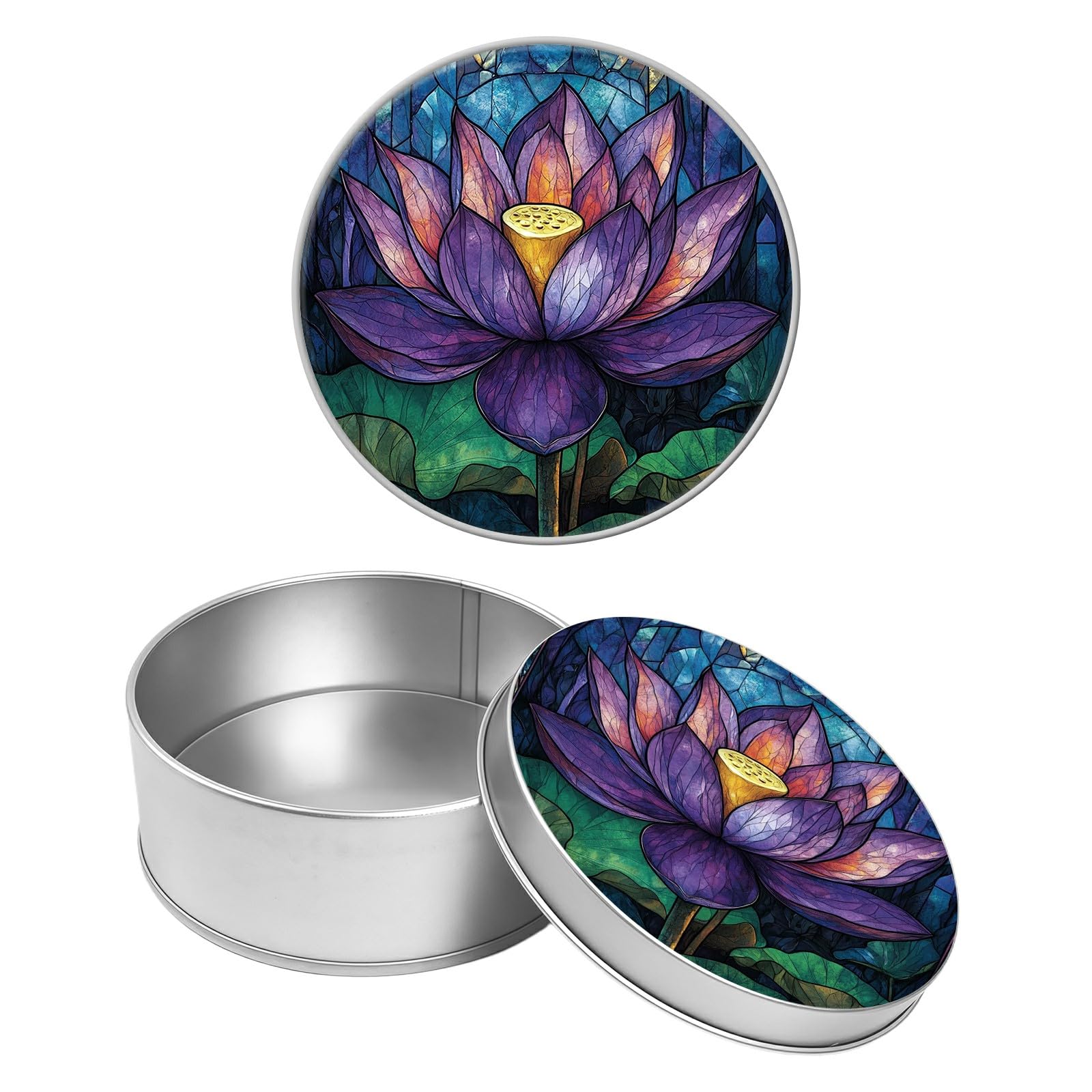 Round Metal Tin Container with Removable Lid, Lotus Durable Metal Storage Box for Crafts Snacks Candies Office Supplies Small Items 3.54 x 1.38 inch– Single Pack