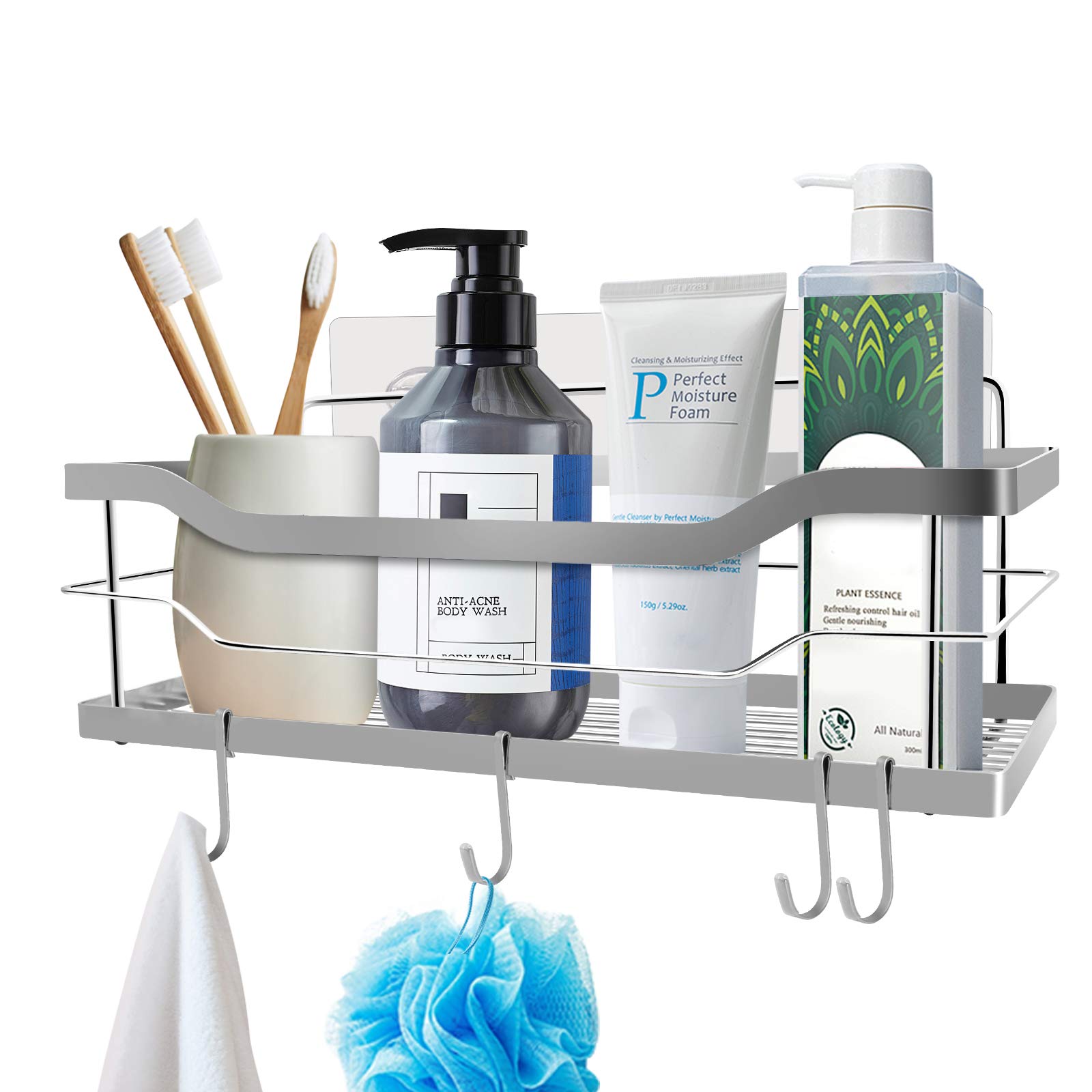 Sooreally Shower Caddy Shelf Organizer - Bathroom Storage Rack for Shampoo Conditioner, Hooks with Silicone Caps, Rustproof Stainless Steel, No Drilling Adhesive Wall Mounted (1 Pack, Brushed Nickel)