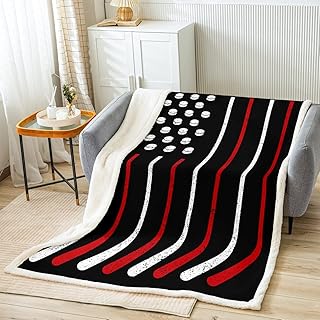 Sports Ice Hockey Sherpa Blanket for Kids Boys Sports Game Fleece Throw Blanket Hockey Stick Tournament Fuzzy Blanket for Sofa Bed Couch Vivid Red Black,Twin 60x80 Inches
