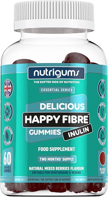 NUTRIGUMS® Happy Fibre (Inulin) Prebiotics. Mixed Berry 60 Vegan Gummies. Chicory Root. 3.8g Fibre per 2 Gummies. Zero Added Sugar. Gut Health and Digestive System Support. Adults & Kids Age 5+