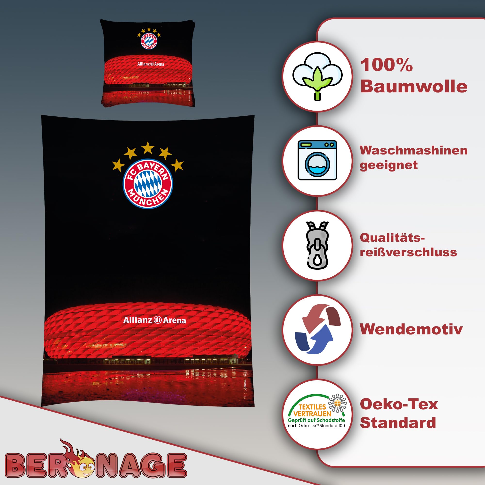 FC Bayern München Wende-Bettwäsche - Allianz Arena 135x200 + 80x80 cm 100% Baumwolle Biber/Flanell Fußball FCB Harry Kane Musiala Rekordmeister Champions-League-Sieger deutsche Größe mit RV