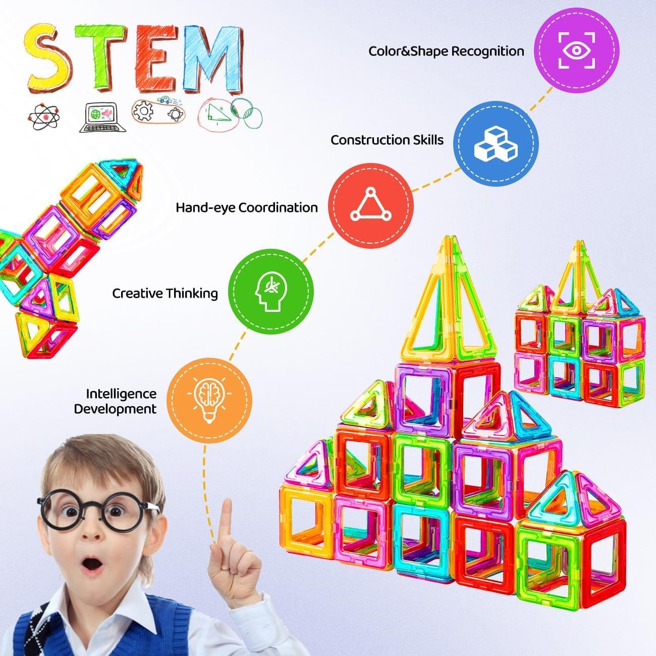 Crenova Costruzioni Magnetiche, Blocchi Costruzioni Magnetici er Bambini 3 Anni,Giochi per Bambini Giochi Montessori per ragazzi e ragazze di 3 4 5 6 7 8 annii, 50 Pezzi Blocchi Magnetici