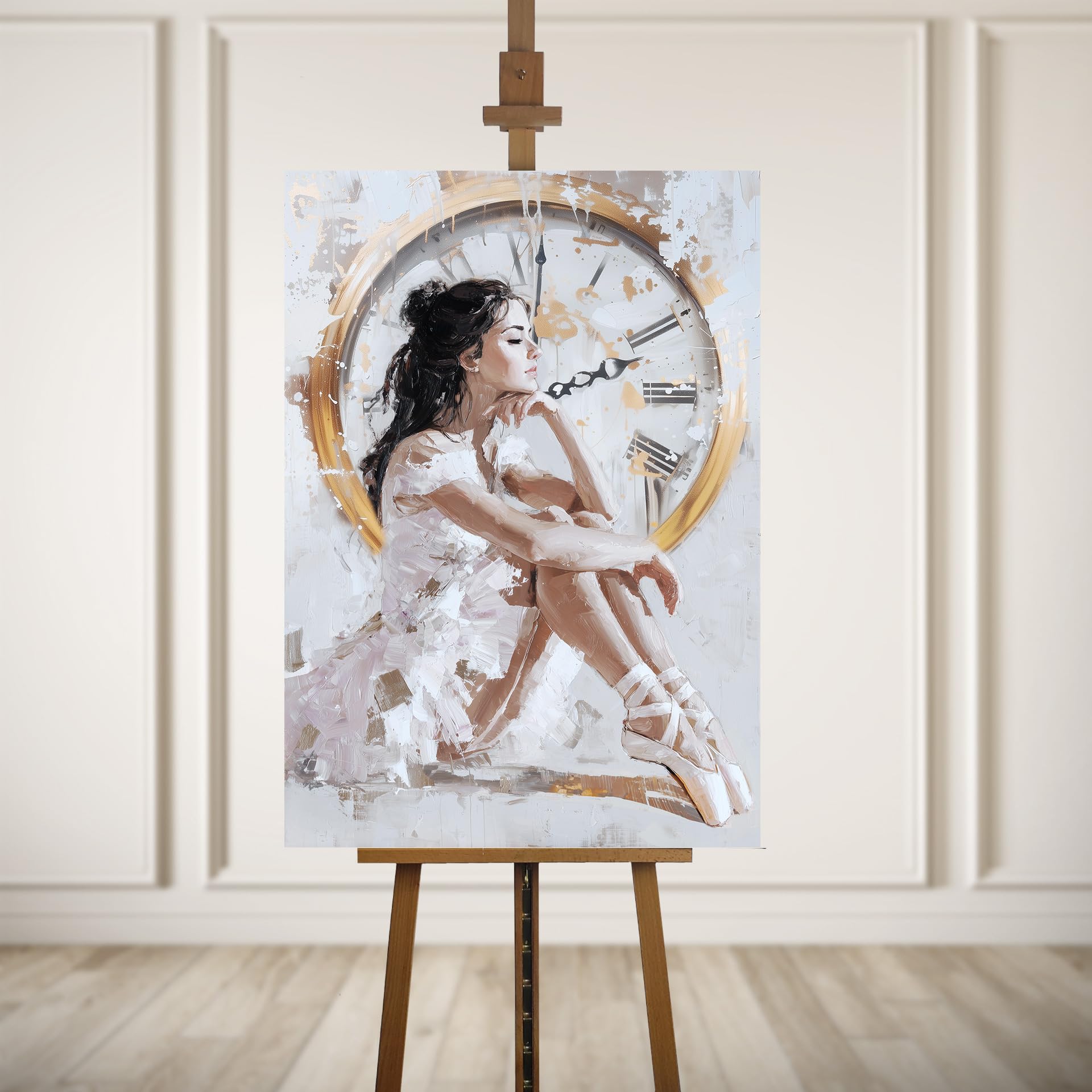 STYLER Leinwandbild Dreaming 70 x 100 cm – Canvas-Handpainting mit Ballerina-Motiv – Elegante Kunst in Weiß und Gold – Sensual Serenity Kollektion – Modern Classic Wandbild Deko