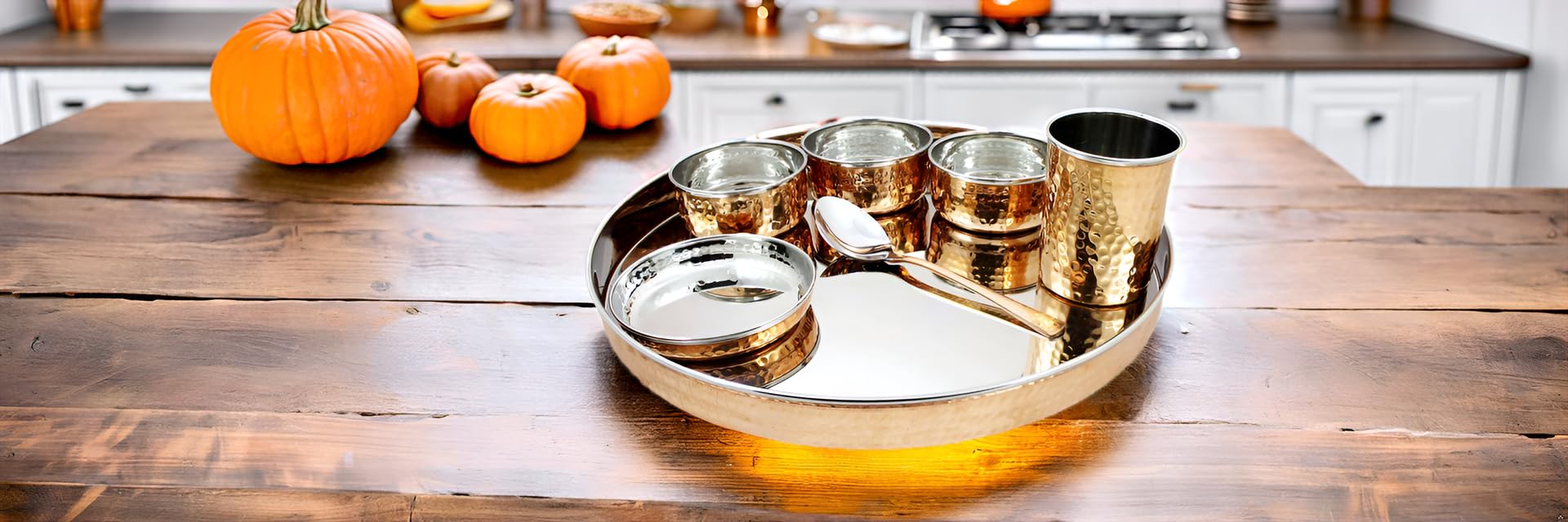 PARIJAT HANDICRAFT Vajilla india de acero inoxidable tradicional juego de cena de thali plato, cuencos, vidrio y cuchara vajilla bellamente hecha a mano para regalo