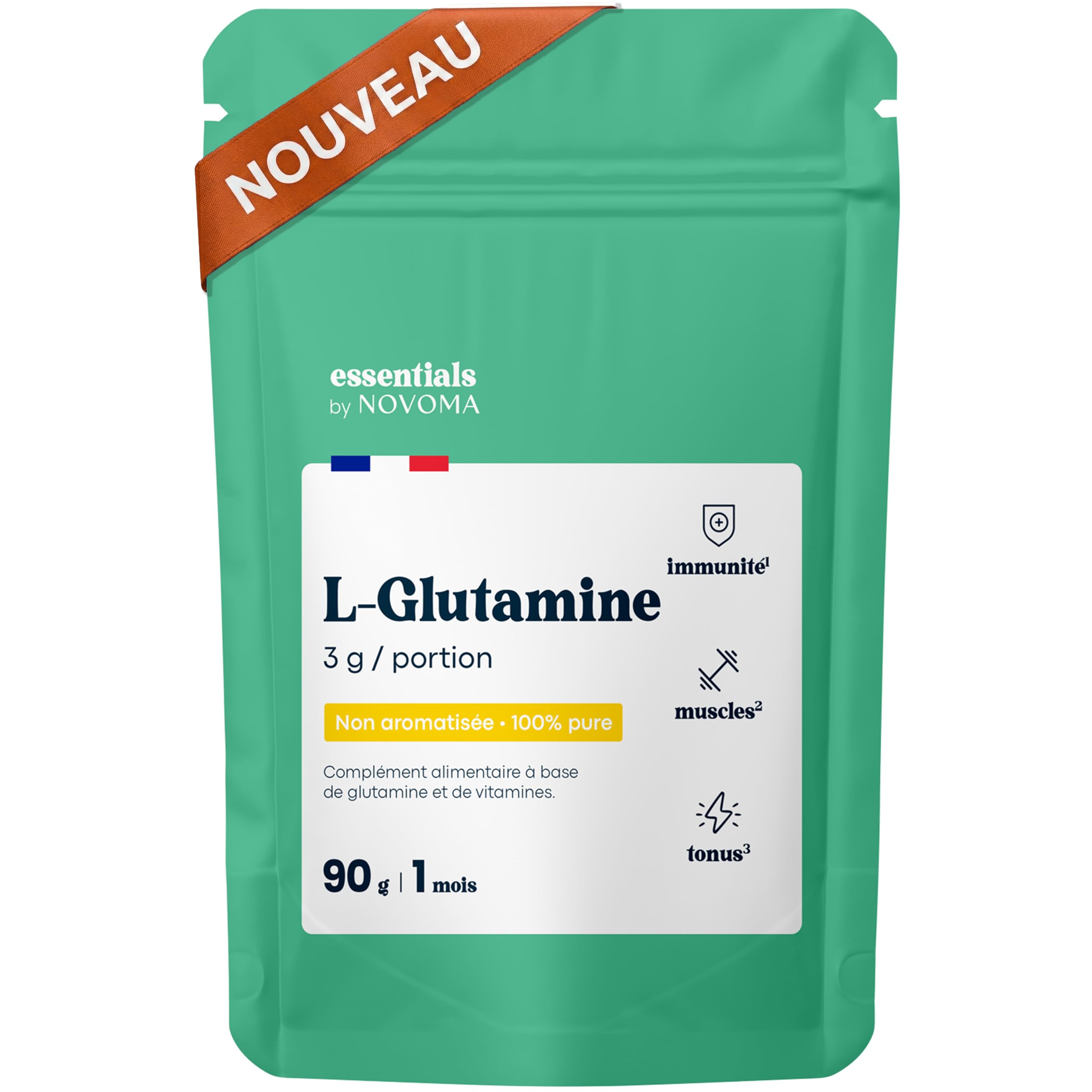 L-Glutamine Pure en Poudre 90g, Acide Aminé pour la Récupération Musculaire, Immunité, Énergie & Confort Digestif, Avec Vitamine B6 & D3, Cure de 1 mois, Fabriqué en France, Essentials by Novoma - 2