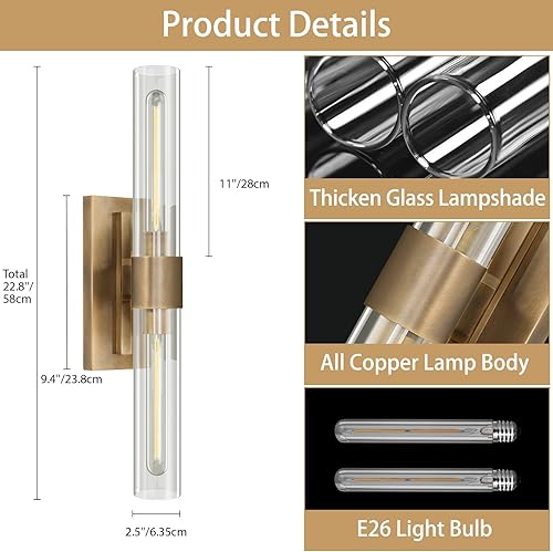 Miniatura 2 de YUYI Juego de dos apliques de pared de latón, 22.8 pulgadas, decoración de pared de baño dorados con pantalla de vidrio transparente, luces de pared