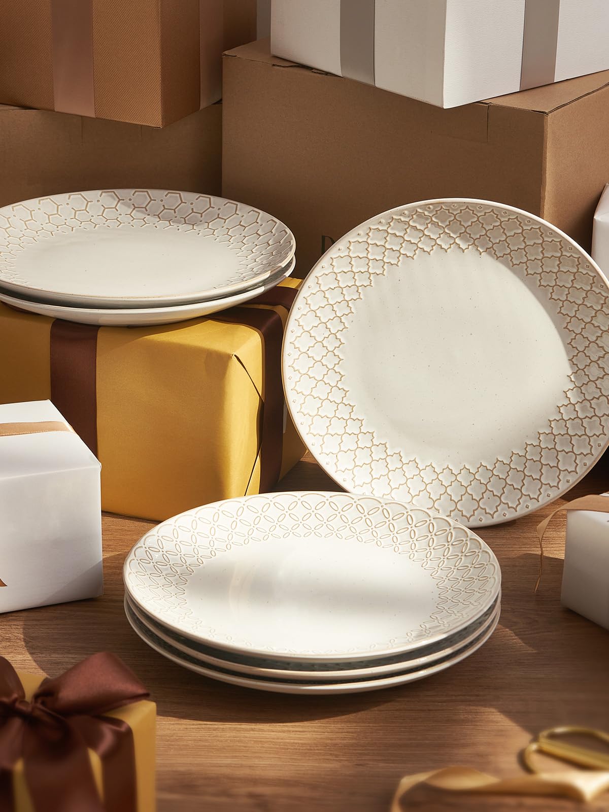 DOWAN Assiettes de Salade et Dessert en Grès, aux럴ries dès 22cm,plt de Service pour l'Apéritif, le Petit-déjeuner ou les Sushis: Résistant aux Micros Mobiles, Blanc Vintage | Lot 6
