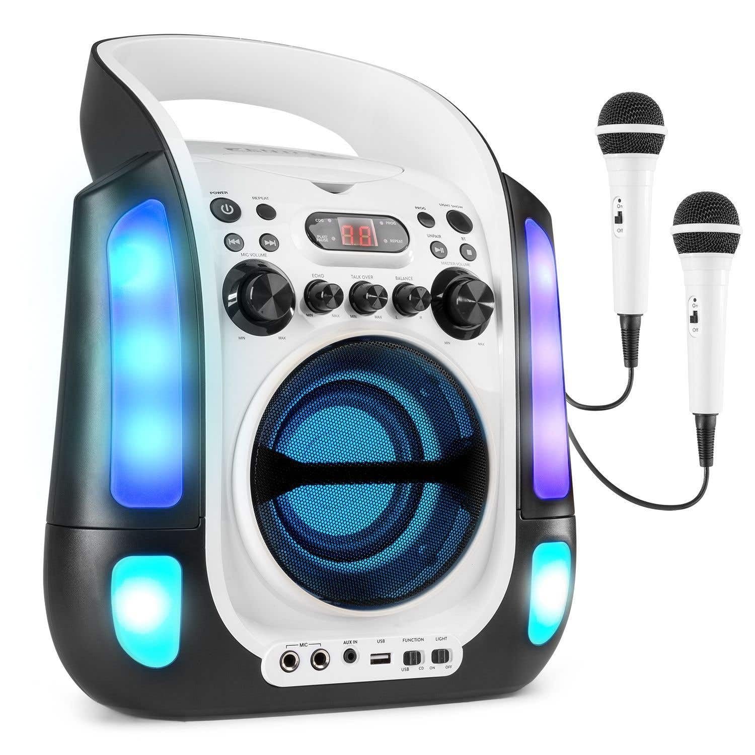 Fenton SBS30W CD Player, Karaoke Anlage mit 2 Mikrofonen, Karaoke Maschine mit Bluetooth, USB mit MP3-Player, LED Lichteffekt und Echo Effekt, Musikbox, CD Spieler für Kinder - Schwarz-Weiß