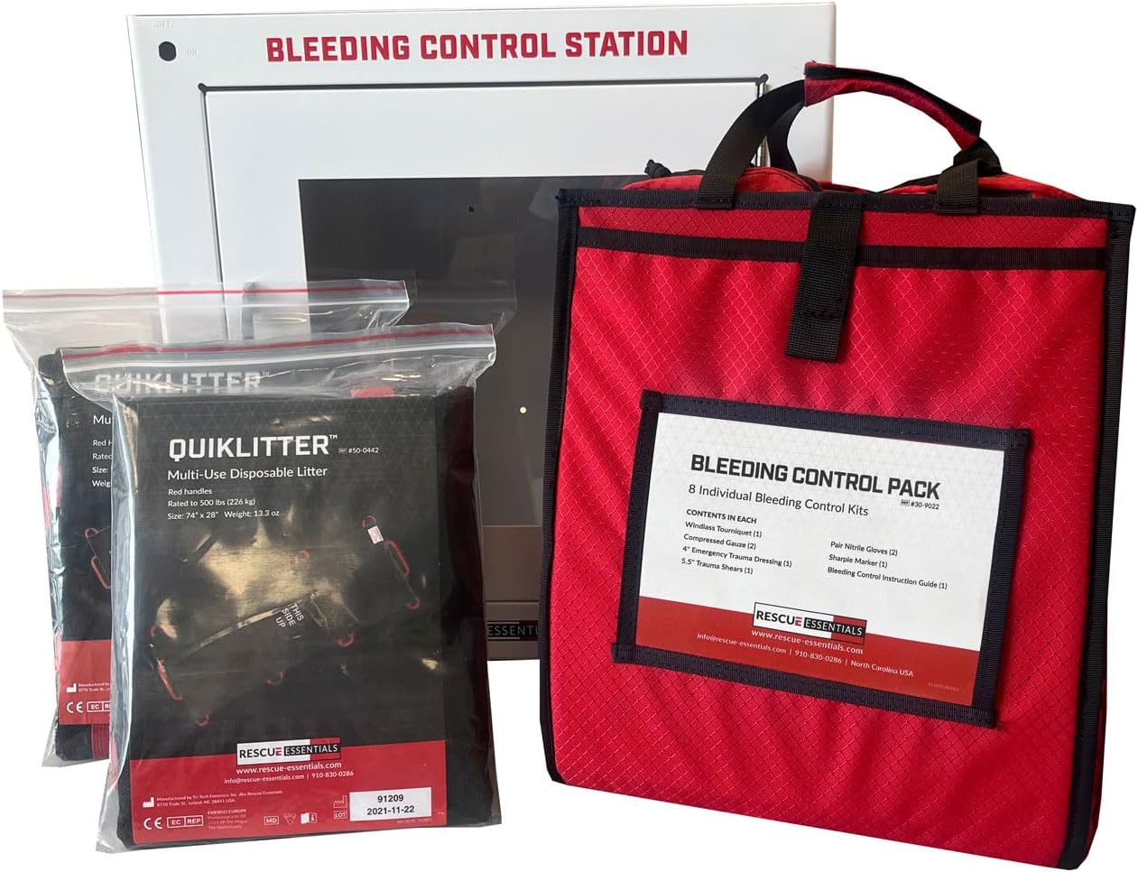 Bleeding Control Station by Rescue Essentials (Wall Cabinet with Bleeding Control Pack + 2 Quiklitters
