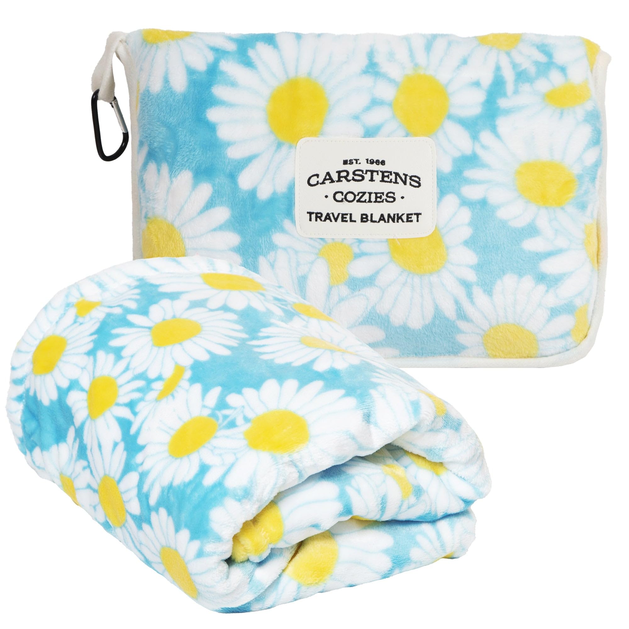 CARSTENS, INC. Travel Blanket, Premium Compact 2-in-1 Airplane Blanket/Pillow, Blue Daisy Floral
