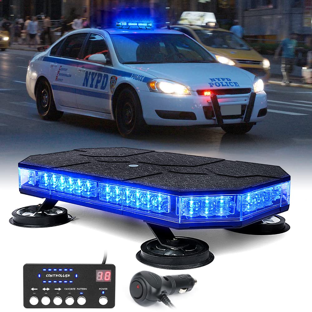 Xprite Blue Rooftop Emergency Strobe Light Bar, Beacon Safety Flashing Police Lights w/Control Panel Magnetic Base for Police Law Enforcement POV Vehicles Trucks