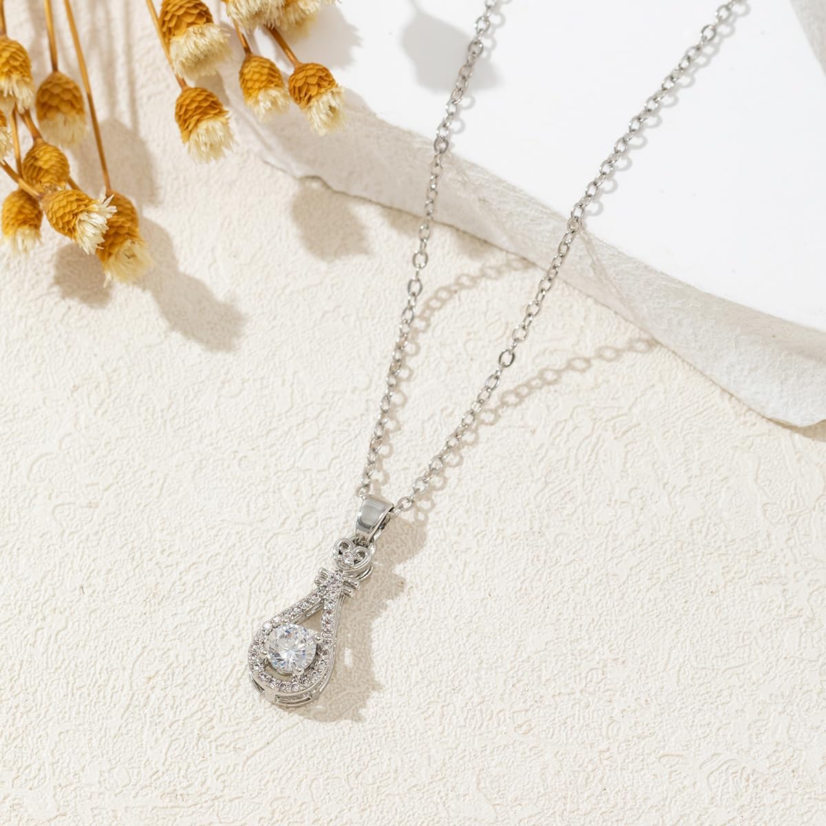 18K White Gold Plated Teardrop Pendant Necklace with Sparkling Cubic Zirconia – Elegant Gift for Women - Image 2