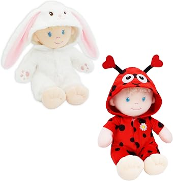 June Garden 2 Pcs Sweet Dolly Bundle - Includes 12" Sweet Dolly Snowbun and Ladybug - Stuffed Ultra Soft Baby Doll for Birth and Up - Removable Outfit