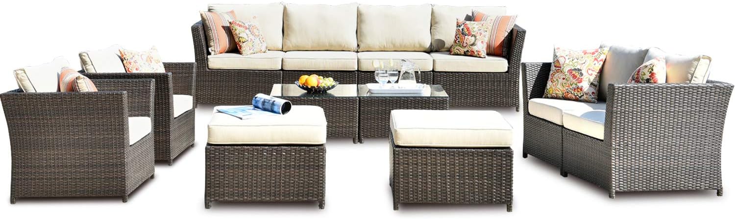 OVIOS Patio Furniture Set, Outdoor Rattan Wicker Sectional Sofa Set with Coffee Table and Pillows Backyard Garden Sofa, No Assembly Required (12 Pieces, Beige)